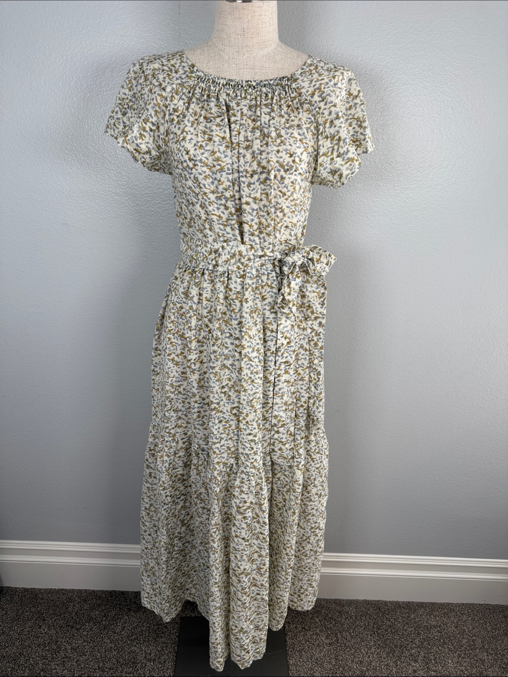 Mirth Vienna Dress in Olive and Cream Watercolor Print Cotton and Silk Small